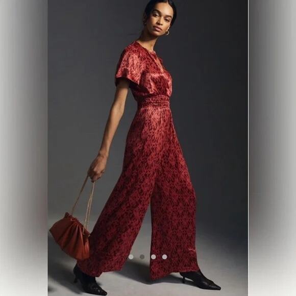 Anthropologie Red Ikat Wide Leg Smocked Waist Jumpsuit XL - Picture 2 of 5